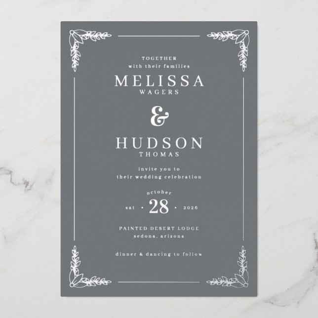 Invitación Con Relieve Metalizado Elegant Gray Floral Wedding Invitation (Anverso)