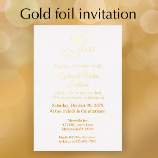 Invitación Con Relieve Metalizado Elegant Heart 50th Wedding Anniversary Party Gold