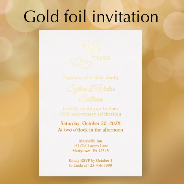 Invitación Con Relieve Metalizado Elegant Heart 50th Wedding Anniversary Party Gold (Personalize this simple elegant gold foil heart 50th wedding anniversary party invitation template.
)