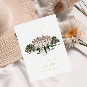 Invitación Con Relieve Metalizado Elegant Iglesia Acuarela Lugar Mansión Boda Guarda