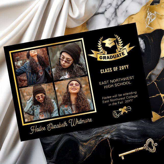 Invitación Con Relieve Metalizado Elegant Laurels Four Photo Graduation Announcement (Elegant and Classy Grad Cap and Laurels 4 Photo Collage Black and Gold Foil Graduation Announcement)