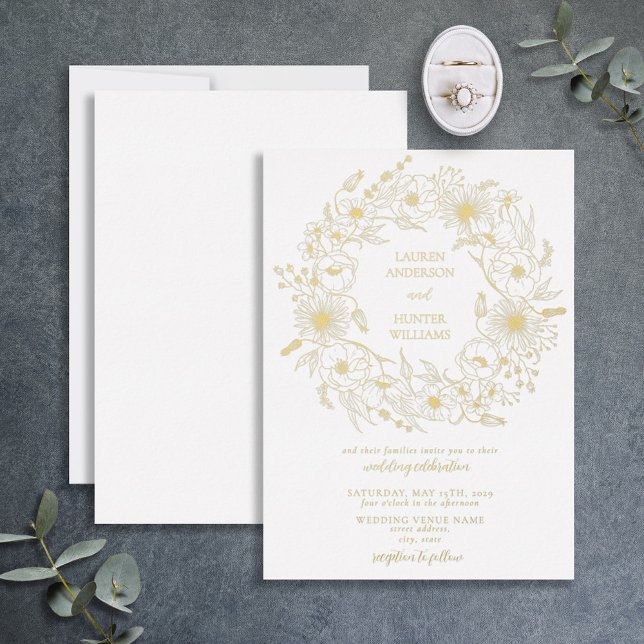 Invitación Con Relieve Metalizado Elegant Line Art Floral Wreath Wedding Gold (Subido por el creador)