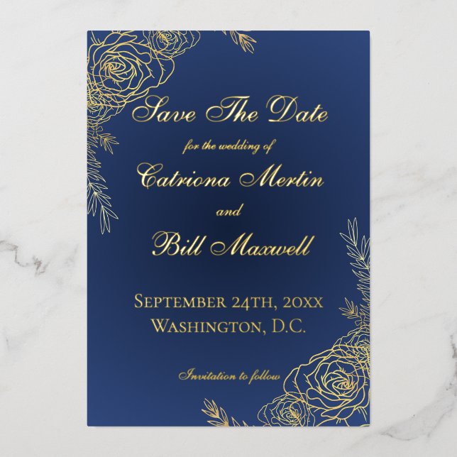 Invitación Con Relieve Metalizado Elegant Luxury Navy and Gold Save the Date Card (Anverso)
