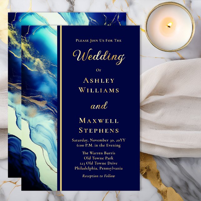 Invitación Con Relieve Metalizado Elegant Luxury Navy Blue and Gold Marble Wedding (Elegant Luxury Navy Blue and Gold Tone Marble Wedding Gold Foil Invitation)
