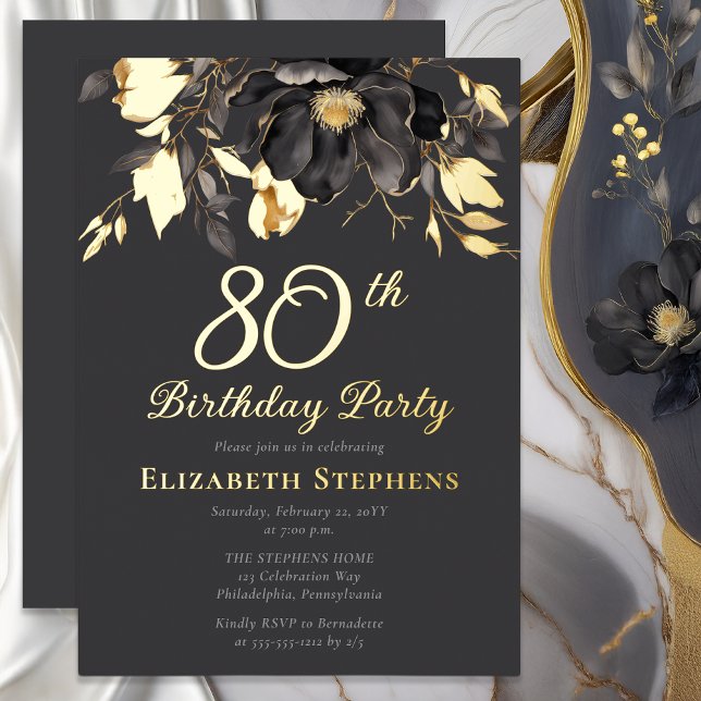 Invitación Con Relieve Metalizado Elegant Magnolia Adult 80th Birthday Party Gold  (Elegant Magnolia Luxury Gold Foil Graphite Gray Adult 80th Birthday Party Invitation)