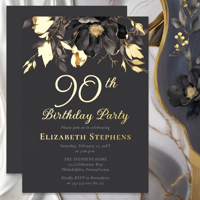 Invitación Con Relieve Metalizado Elegant Magnolia Adult 90th Birthday Party Gold  (Elegant Magnolia Luxury Gold Foil Graphite Gray Adult 90th Birthday Party Invitation)