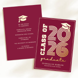 Invitación Con Relieve Metalizado Elegant Maroon Gold Graduation YY Announcement