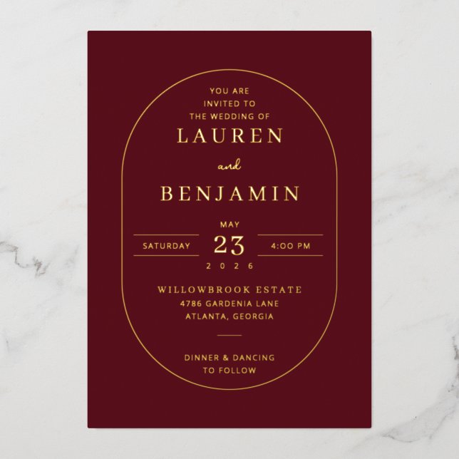 Invitación Con Relieve Metalizado Elegant Maroon Gold Wedding Invitation (Anverso)