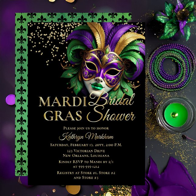 Invitación Con Relieve Metalizado Elegant Masquerade Mask Mardi Gras Bridal Shower (Elegant Purple, Green and Gold Tone Masquerade Mask Mardi Gras Party Invitation -- Gold Foil Text )