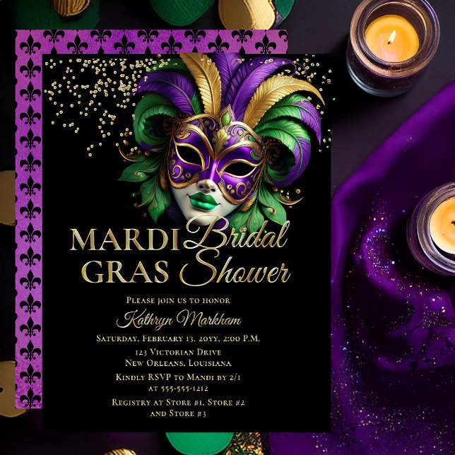 Invitación Con Relieve Metalizado Elegant Masquerade Mask Mardi Gras Bridal Shower (Elegant Purple, Green and Gold Tone Masquerade Mask Mardi Gras Bridal Shower Invitation -- Gold Foil)