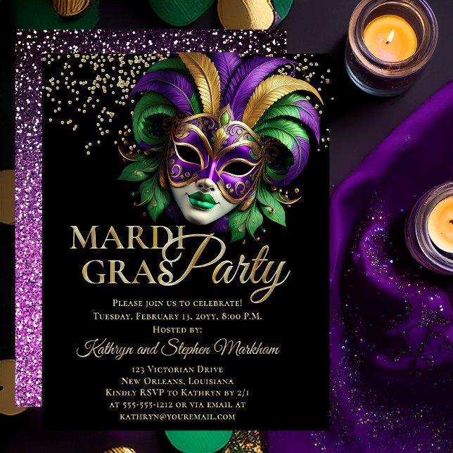 Invitación Con Relieve Metalizado Elegant Masquerade Mask Mardi Gras Party (Elegant Purple, Green and Gold Tone Masquerade Mask Mardi Gras Party Invitation -- Gold Foil Text )