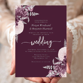 Invitación Con Relieve Metalizado Elegant Mauve Silver Floral Wedding