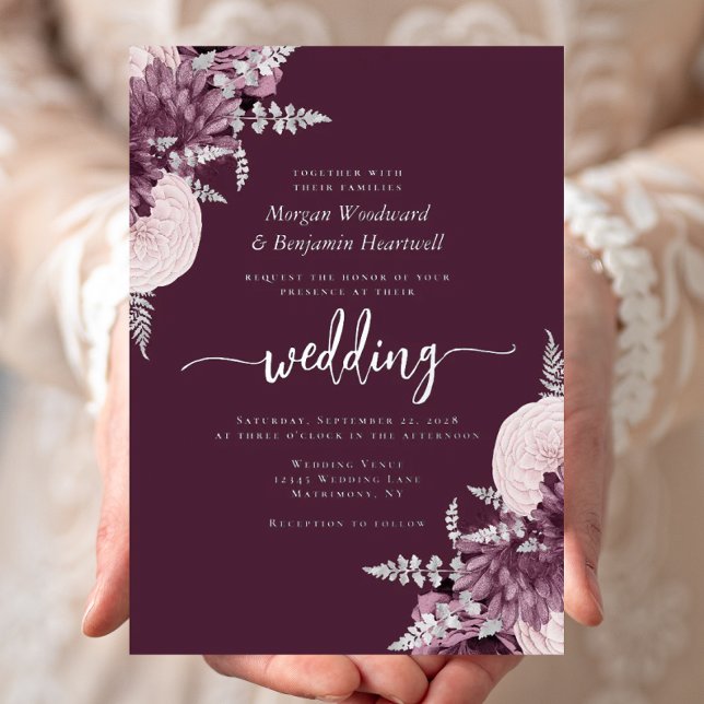 Invitación Con Relieve Metalizado Elegant Mauve Silver Floral Wedding (Subido por el creador)