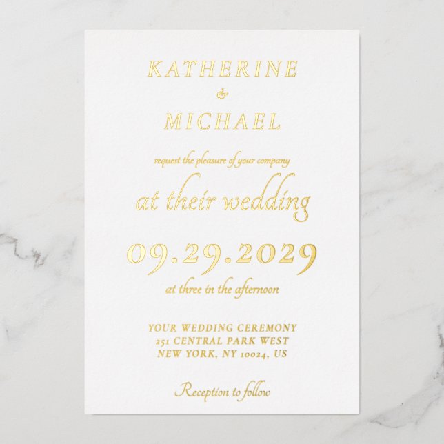 Invitación Con Relieve Metalizado Elegant Minimal White Wedding Gold (Anverso)