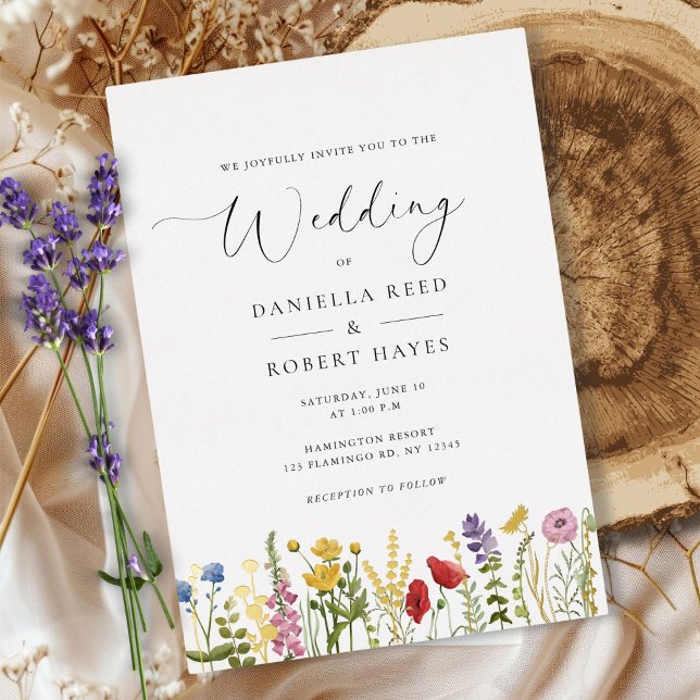 Invitación Con Relieve Metalizado Elegant Minimalist Whimsical Wildflower Wedding (create your own personalized modern elegant wildflower wedding invitation in script calligraphy)