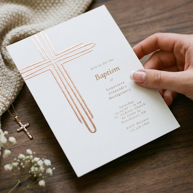 Invitación Con Relieve Metalizado Elegant Modern Baptism Christening Religious Cross (Elegant Modern Baptism Christening Religious Cross Foil Invitation)