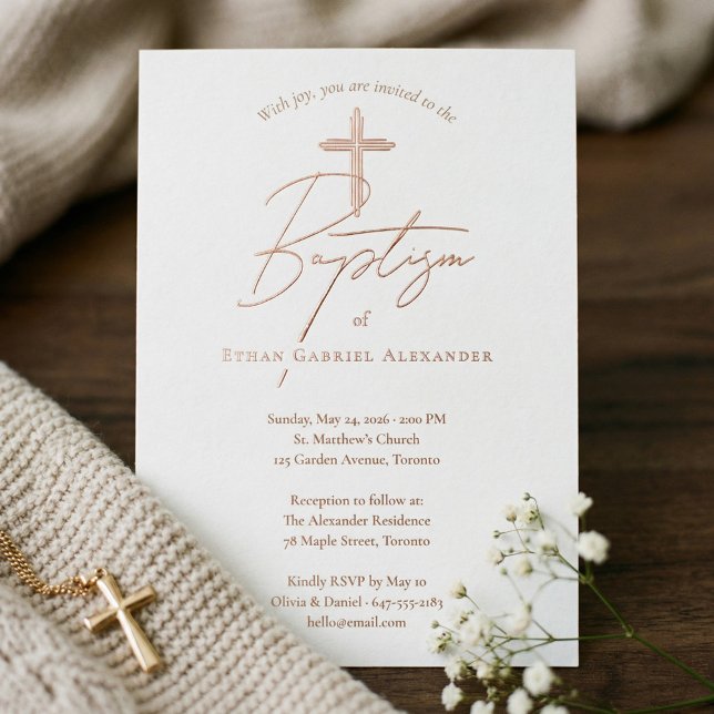Invitación Con Relieve Metalizado Elegant Modern Baptism Christening Religious Cross (Elegant Modern Baptism Christening Religious Cross Foil Invitation)
