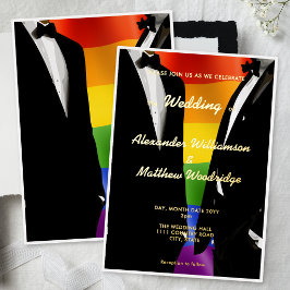Invitación Con Relieve Metalizado Elegant Modern Gay Men Wedding Rainbow Gold 