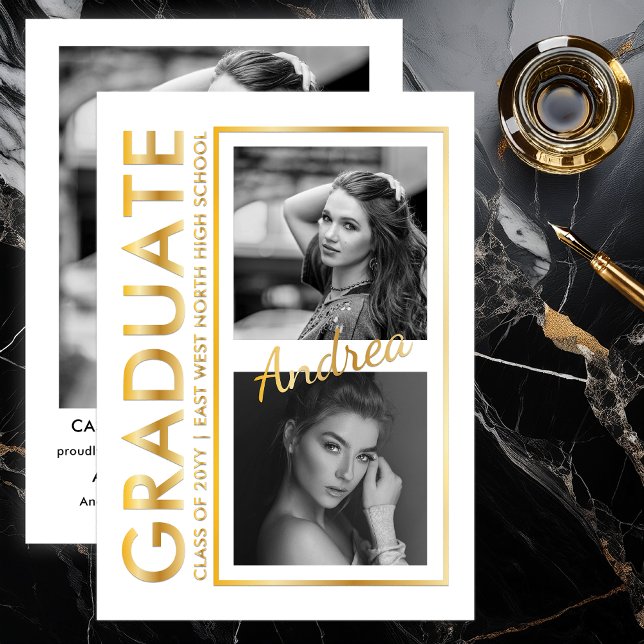 Invitación Con Relieve Metalizado Elegant Modern Photo Graduation Announcement (Modern Vertical Graduation White & Gold Foil Announcement with Editorial 3 Photo Collage Layout )
