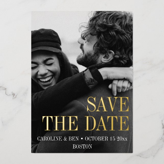 Invitación Con Relieve Metalizado Elegant Modern Simple Vertical Photo Wedding (Anverso)