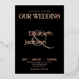 Invitación Con Relieve Metalizado Elegant Modern Typography Black Wedding Rose Gold