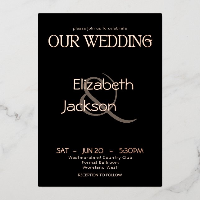 Invitación Con Relieve Metalizado Elegant Modern Typography Black Wedding Rose Gold (Anverso)