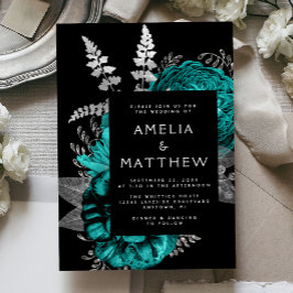 Invitación Con Relieve Metalizado Elegant Moody Dark Floral Teal Silver Wedding