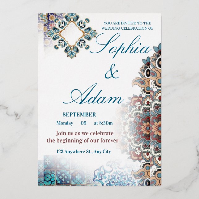 Invitación Con Relieve Metalizado Elegant Moroccan Tile Wedding Invitation (Anverso)
