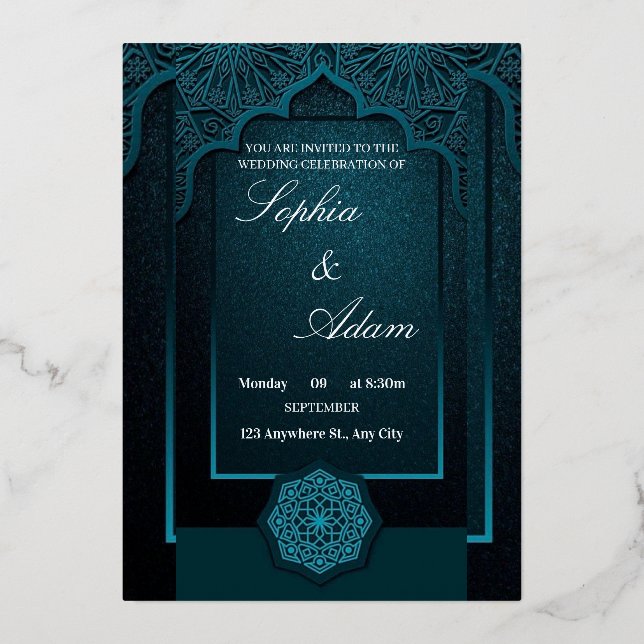 Invitación Con Relieve Metalizado Elegant Moroccan Wedding Invitation (Anverso)
