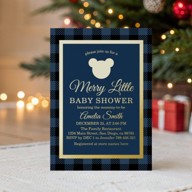 Invitación Con Relieve Metalizado Elegant Navy and Gold Baby Shower Winter (Subido por el creador)