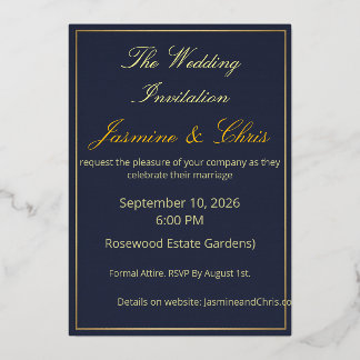 Invitación Con Relieve Metalizado Elegant Navy Blue and Gold Foil Wedding Invitation