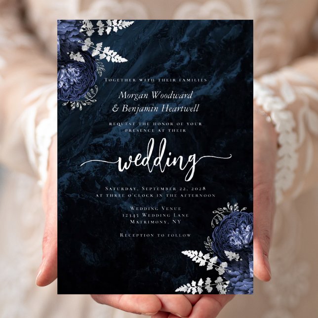 Invitación Con Relieve Metalizado Elegant Navy Blue Silver Floral Wedding (Subido por el creador)