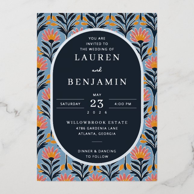 Invitación Con Relieve Metalizado Elegant Navy Floral (Anverso)