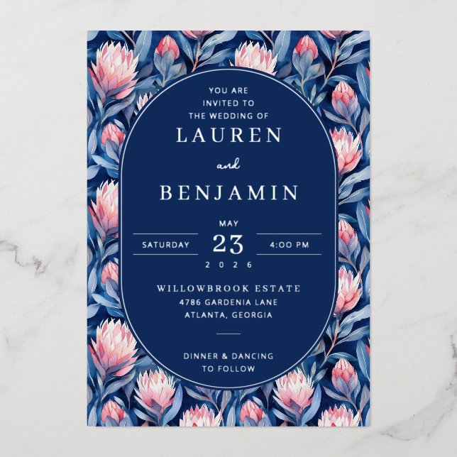 Invitación Con Relieve Metalizado Elegant Navy Floral Wedding Invitation (Anverso)