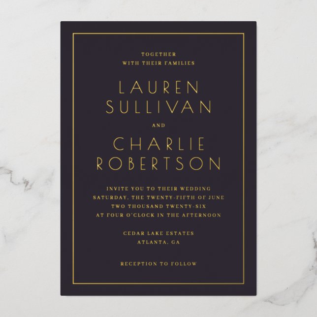 Invitación Con Relieve Metalizado Elegant Navy Gold Wedding Invitation (Anverso)