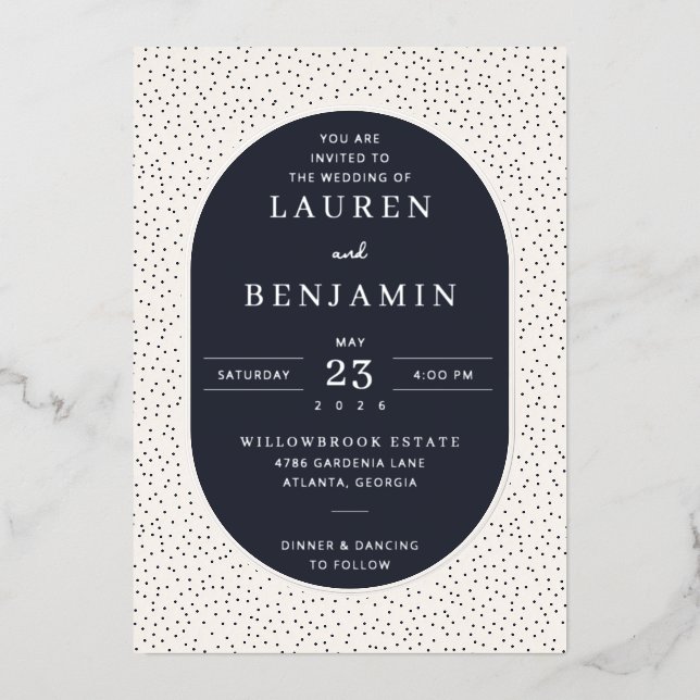 Invitación Con Relieve Metalizado Elegant Navy Polka Dot Wedding Invitation (Anverso)
