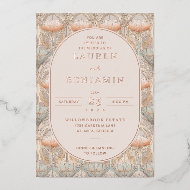 Invitación Con Relieve Metalizado Elegant Peach Floral Pattern (Anverso)