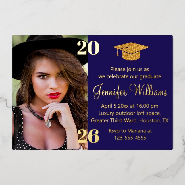 Invitación Con Relieve Metalizado elegant photo graduation 2026 blue & gold party  (Anverso)