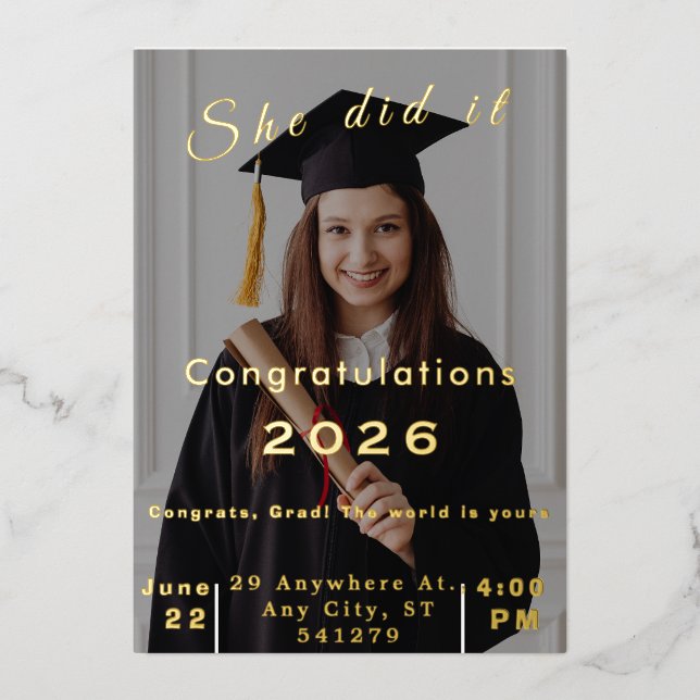 Invitación Con Relieve Metalizado Elegant Photo Graduation Invitation 2026 (Anverso)