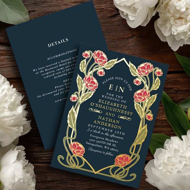 Invitación Con Relieve Metalizado Elegant Pink Peony Art Nouveau Wedding All in One (Subido por el creador)