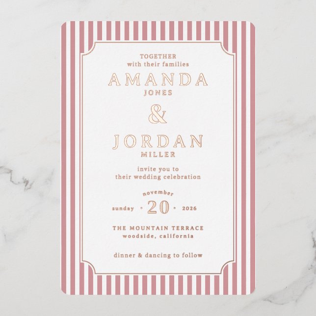 Invitación Con Relieve Metalizado Elegant Pink Striped Wedding Invitation (Anverso)