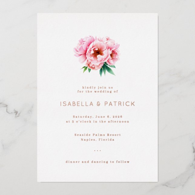 Invitación Con Relieve Metalizado Elegant Pink Watercolor Floral (Anverso)