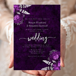 Invitación Con Relieve Metalizado Elegant Plum Purple Silver Floral Wedding