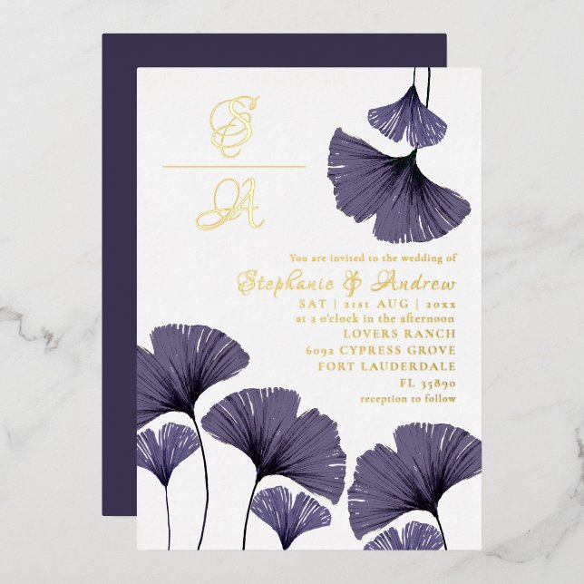 Invitación Con Relieve Metalizado Elegant Purple Ginkgo Foliage Wedding  Invitation  (Anverso/Reverso)