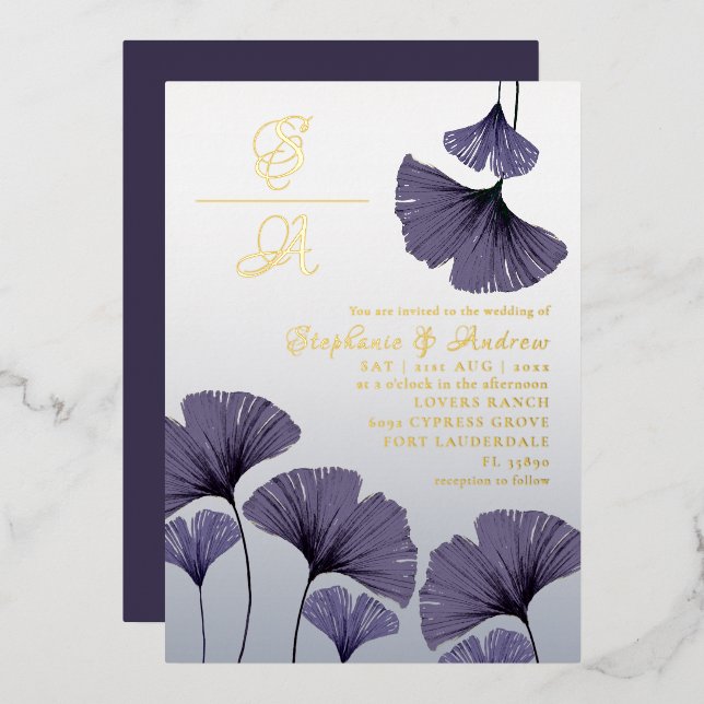 Invitación Con Relieve Metalizado Elegant Purple Ginkgo Foliage Wedding  Invitation (Anverso/Reverso)