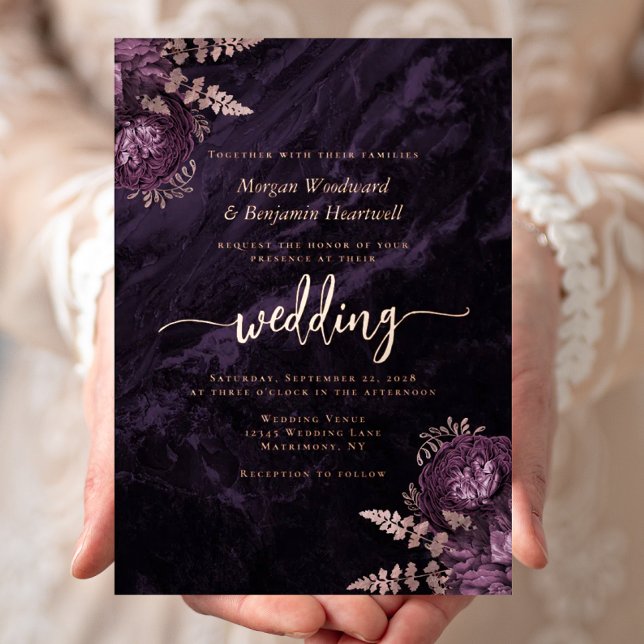Invitación Con Relieve Metalizado Elegant Purple Rose Gold Floral Wedding (Subido por el creador)