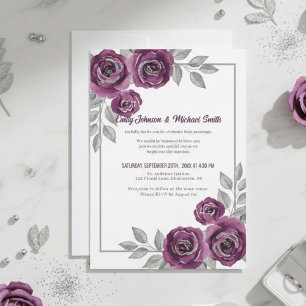 Invitación Con Relieve Metalizado Elegant Purple Roses and Silver Glitter Wedding 