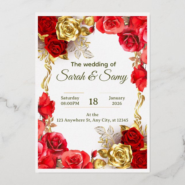 Invitación Con Relieve Metalizado Elegant Red and Gold Floral Wedding Invitation Car (Anverso)