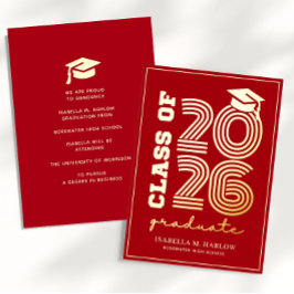 Invitación Con Relieve Metalizado Elegant Red Gold Graduation YY Announcement