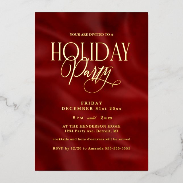 Invitación Con Relieve Metalizado Elegant Red Holiday Party (Anverso)